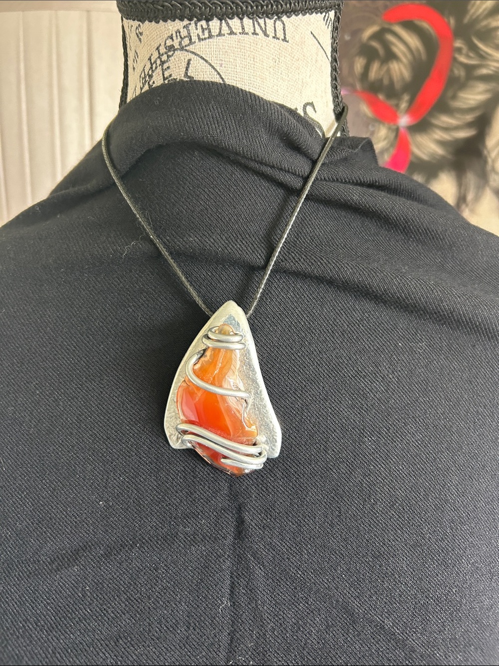 Handcrafted Orange Agate Pendant Necklace - Silver Tone Wire Wrap